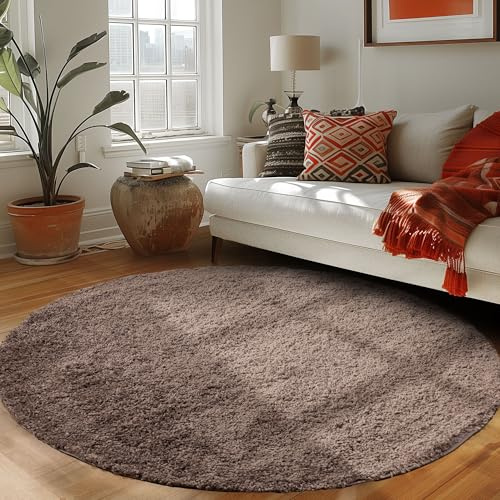 Carpettex Runder Teppich Wohnzimmer Hochflor Einfarbiges Design Langflor Shaggy Modern Flauschig, Farbe: Taupe, Größe: 200 cm Rund