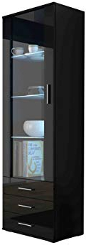 Vitrine Standvitrine Soho S1, Glasvitrine, Vitrinenschrank, Hochschrank, Stauraumvitrine, Wohnzimmer Highboard Schrank (Schwarz/Schwarz Hochglanz, mit Blauer LED Beleuchtung)