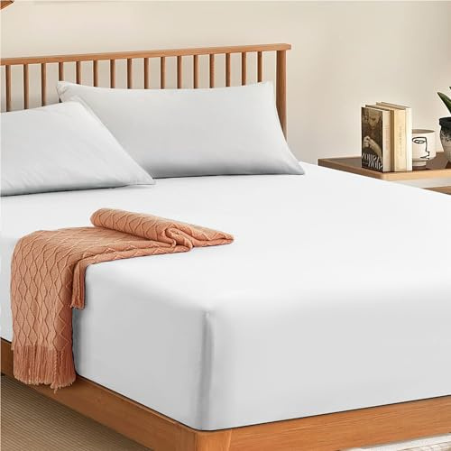 My home store Fitted Sheet 100% Egyptian Cotton 300TC Hotel Quantity 30 cm Fitted Bedsheets (White, Single)