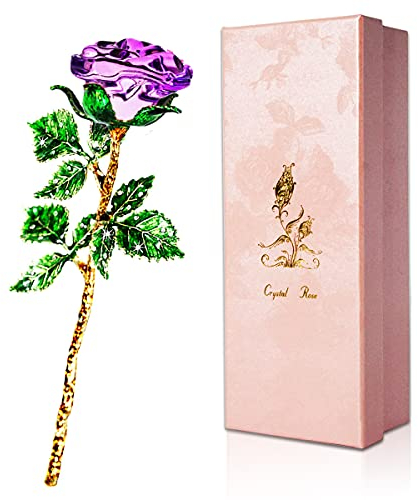 SWEETIME Kristall Rosen mit Geschenkbox, K9 Kristallrose, 3D Glasrose Ewige Blume,Ewige Rose Geschenke für sie verzauberte Rose Blume zum Muttertag Hochzeit Jahrestag Valentinstag Weihnachten(Lila)