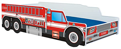Kids Collective Autobett 80x160 cm Spielbett Kinderbett mit Rausfallschutz und Lattenrost 80x160 Feuerwehr Auto Bett Kinder Wagen | von 3. bis 10. Lebensjahr