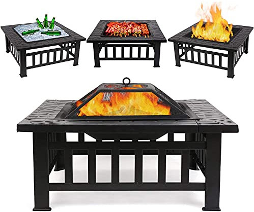 Multifunktionaler Feuerstellentisch Feuerstellen im Freien Quadratische Metallfeuerstelle Herd Hinterhof Terrasse Gartenkamin für Camping, Lagerfeuer und Picknick mit Regenabdeckung