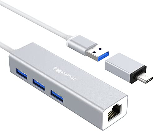 Adaptador Ethernet,VEMONT Aluminio Hub USB 3.0 a Puerto Red LAN Gigabit RJ45 Internet y 3 Puertos USB 3.0,Divisor Tipo con Adaptador Compatible con Mac,Chromebook,Surface,Otro PC/portátil