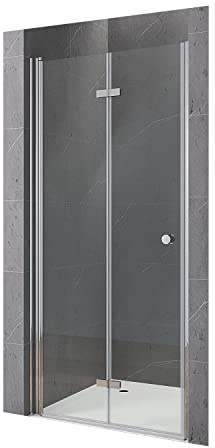 Rahmenlos Faltbare Duschtür 90cm Duschwand Glas Faltwand Falttür Drehfalttür mit Hebe-Senk Funktion begehbare Dusche ohne Rahmen aus Sicherheitsglas ESG Klarglas 5 mm | Höhe 187 cm | AQUABATOS
