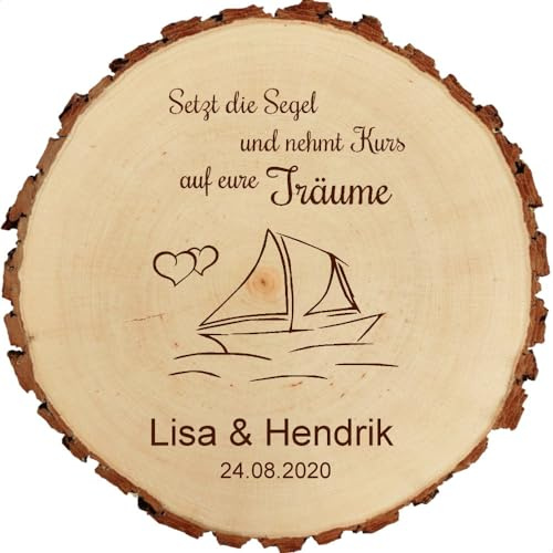 Baumscheibe 18cm mit Gravur (Namen, Datum) personalisierte Holz-Scheibe Segelboot, Hochzeitsgeschenke Geschenk-Idee Jubiläum/Verlobung Hochzeitsdeko Tischdeko Hochzeit, MotivH3