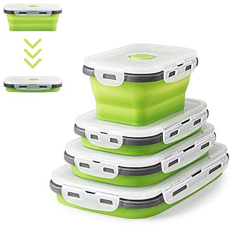 Virklyee Faltbare Frischhalteboxen 4 PCS Faltbare Frischhaltedosen, Platzsparende Lunchbox für Camping Büro Schule, leicht zu tragen (Grün o2)