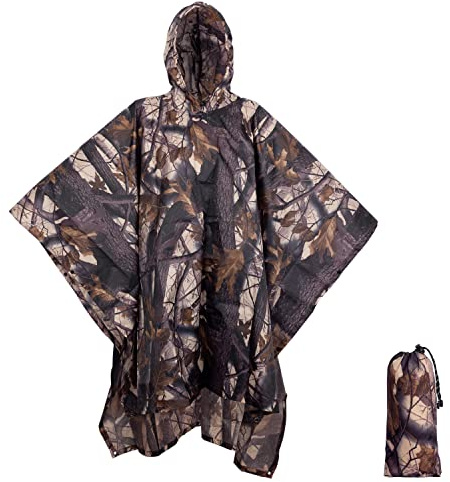 BALIGO 3-en-1 Poncho Pluie Imperméable à Usage Multiple, Léger et Séchage Rapide, Poncho Pluie Homme & Femme, Bâche Camouflage, Materiel Camping, Tapis de Sol Camping pour Randonnée Chasse (Feuilles)