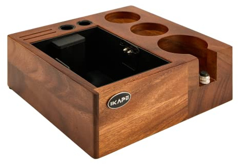 IKAPE V2 Espresso Knock Box, 58MM Espresso Coffee Organizer Box Fit for Storage 58MM Espresso Tamper, Distributor, Portafilter & Puck Screen Accessories, Natural Walnut Tamper Station Base (8 in One)