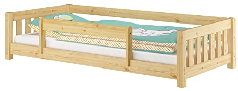Erst-Holz®Niedriges Kinderbett Bodenbett 90x200 Kiefer massiv Zubehör wählbar V-60.28-09mit Kindersicherung und Rollrost inkl.