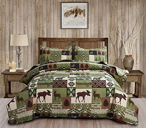 Rustikales Lodge-Steppdecken-Set, Elch, Tagesdecke, Doppelgröße, Waldbär, Hirsch, Steppdecke, Matcha-Grün, wendbar, festlich, Kabinendecken, Bauernhaus-Dekor, Bettbezug-Sets mit 2 Kissenbezügen