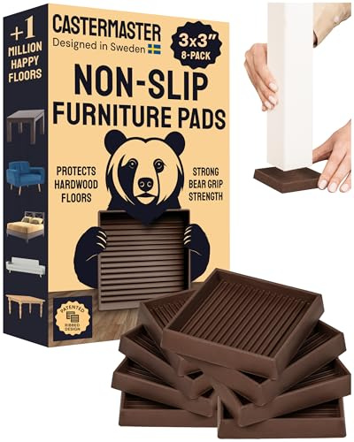 CasterMaster Non Slip Furniture Pads- 3x3 Square Rubber Anti Skid Caster Cups, Leg Coasters- Couch, Chair, Feet, and Bed Stoppers- Anti-Sliding Floor Protectors for Furniture (Set of 8) Brown