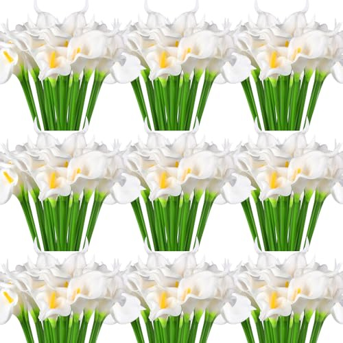 Hanaive 100 Pcs Fake White Calla Lily Flower for Wedding 13.4 Real Lifelike Artificial Calla Lily Bouquet Faux Flower for Home Kitchen Bride Shower Party Decorations(White)