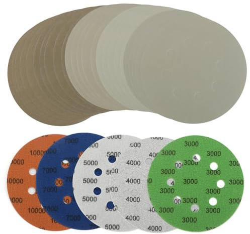 Viaky Lot de 25 disques abrasifs de 125 mm, 8 trous, crochet et boucle à 8 trous, grain 3000, 4000, 5000, 7000, 10 000, disques de ponceuse orbitale pour bois, métal, voiture, meubles, polissage
