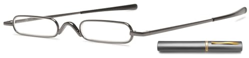 ABETOS Mini Lesebrille Schmale Metal Lesehilfe Sehhilfe Federscharnier Damen Herren Klassische Leicht Kleine Lesebrillen in Mini-Etui für Unterwegs (Grau, 2.5)