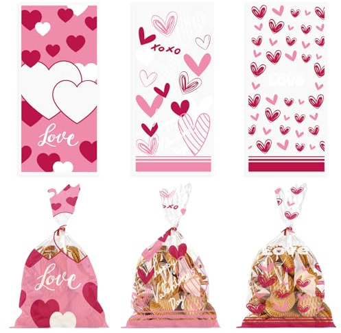 Threetols Zellophanbeutel zum Valentinstag, rotes Herz, Zellophanbeutel, für Valentinstag, transparent, für Kekse, Süßigkeiten, rosa Liebesbeutel mit Bindebändern für Hochzeit, Party, 3 Stile, 150