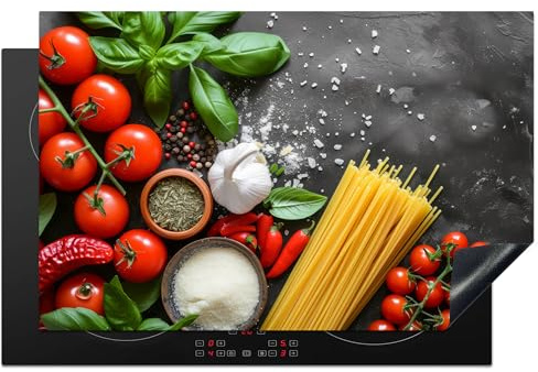 KitchenYeah© Herdabdeckplatte Einteilig Ceranfeld Abdeckplatte für | 80x52 cm - Induktionsschutz Ceranfeldabdeckung Vinyl Herdabdeckplatten Gemüse - Tomaten - Spaghetti - Beton - Kräuter