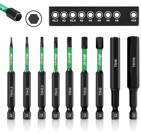 Litorange 9 Stück 75mm Hex Bitsatz für Akkuschrauber, Inbus Bit Set | S2-Stahl, schwarz phosphatiert. H1.5-H10 (75mm). 1/4 Sechskantschaft, magnetische Inbus Bits. Für Schlagschrauber