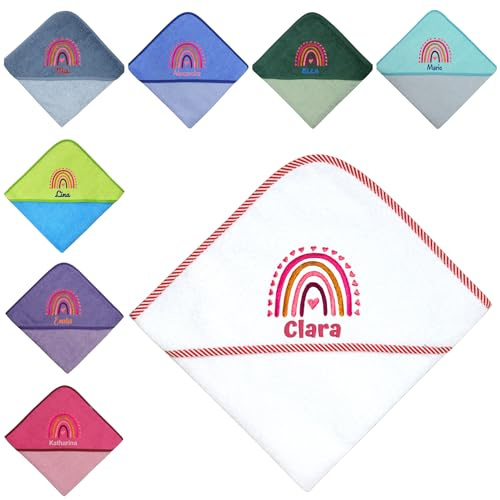 Kapuzenhandtuch Baby mit Regenbogen Herz – verschiedene Pinktöne - personalisiert mit Name & Stickmotiv – Geschenk zur Geburt oder Taufe – Handtuch 100x100 cm
