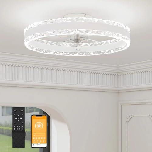VOLISUN Ceiling Fans with Lights and Remote, 40cm Luxury Smart Crystal Ceiling Fan Light, 6 Speeds and 3000K-6500K Dimmable Quiet Fan Ceiling Lights for Bedroom Living Room Dining Room (White)