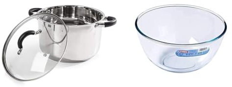 Tower T80837 Casserole Dish, 24cm- Stainless Steel, Silver & Pyrex Glass Bowl 3.0L, Pack of 1