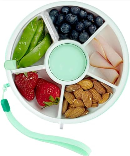 POFIBO Snack Spinner - Snackbox mit Fächern, Snackteller mit Deckel, wiederverwendbarer Snackspender, Jausenbox mit 6 kleinen Gabeln, frei von BPA und PVC, spülmaschinenfest, auslaufsicher