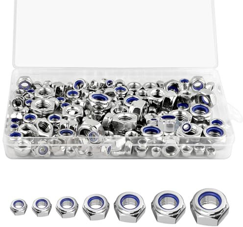 170 Stück Sechskantmuttern Set Edelstahlmuttern Selbstsichernde Muttern Sicherungsmuttern Kontermuttern Stoppmuttern für Schrauben Unterlegscheiben Gewindestangen