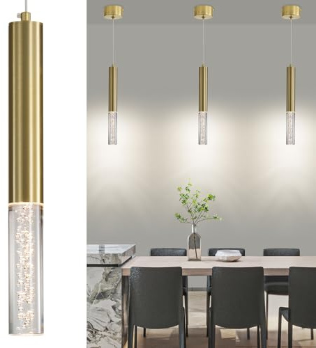Mikeru Modern LED Gold Island Table Lamp, 3 Pack Cylindrical Crystal Pendant Light, 3 Color Temperature 3000k/4500k/6500k Hanging Dining Room Lights for Office, Bar, Cafe