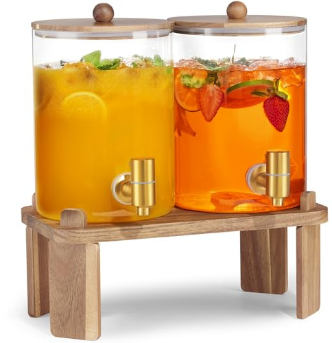 2 PCS 1 Gallon Drink dispenser, Glass Beverage Dispenser With Wood Stand, Large Water Drink Dispensers for Parties With Stainless Steel Spigot, Ideal for Lemonade,Juice, Tea, and Party Drinks