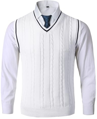 AIEOE - Homme Gilet Tricoté pour Hiver Printemps Automne Pull Hommes Gilets Tricotés Pull-Over Essentiel sans Manches Décontractés Col en V - XL - Blanc