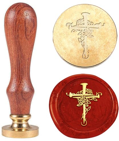 Hobbspring 1 Stück Vintage Wachssiegelstempel Kreuz Mit Rose Siegelwachsstempel Geschenk für Weihnachten 25mm Abnehmbarer Messingstempelkopf Mit Holzgriff Für Umschläge Einladungen Verzierung