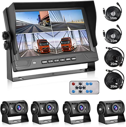 Hodozzy 1080P Backup Camera With 9 Inch DVR 4 Split Reverse Monitor with Front Back Left and Right 360-Degree Reverse Camera Waterproof Night Vision Car Reversing Camera for RV, Trailer, Bus,Trucks