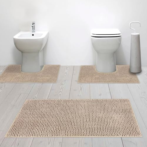 Susanna Home – Set 3 Tappeti da Bagno in Microfibra Shaggy Antiscivolo, Tappeto Rettangolare, Giro Water e Giro Bidet, Super Assorbente, Morbido e Lavabile - Disponibile in Diversi Colori (BEIGE)