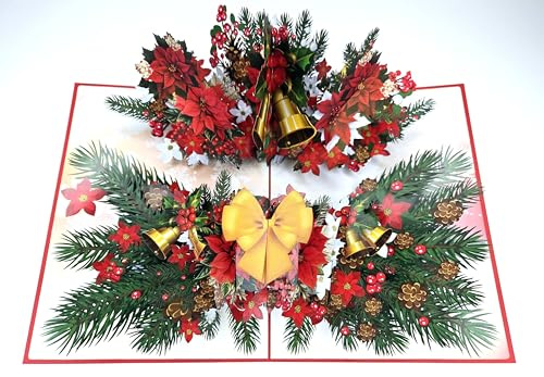 Tarjeta desplegable 3D de Navidad, año nuevo, ramo de flores con campanas