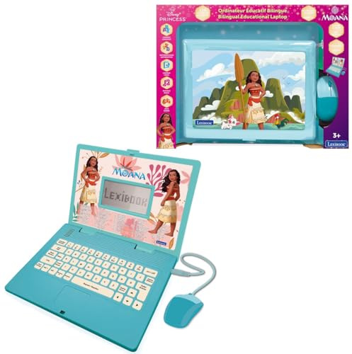 LEXIBOOK, Disney Princess, Moana bilingual ENGLISH/FRENCH educational computer, Toy for children with 124 language, writing, maths, logic, music activities and games, Blue/pink, JC598VNEN
