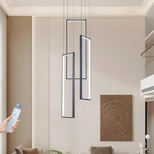 Treppe Kronleuchter Modern LED Pendelleuchte Wohnzimmerlamp, Schlafzimmer Hängeleuchte Schwarz Salon Esszimmer Hängelampe, Dimmbar Rechteckige LED Kronleuchter, Hohe Decken Pendellampe Lüster(3 Heads)