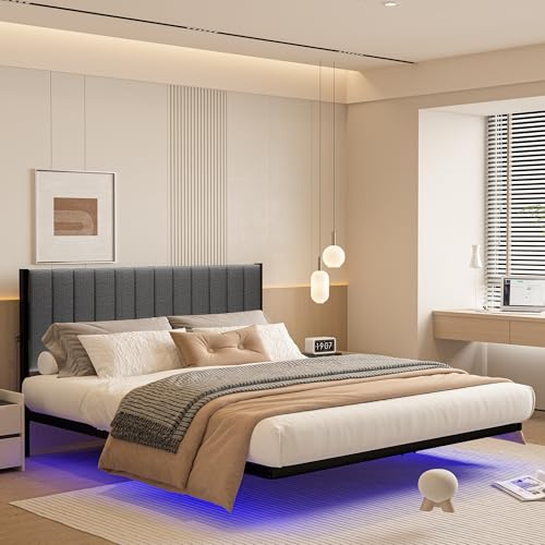 ARFARLY King Size Bed Frame Floating Bed Frame with LED Lights and Charging Station, Metal Platform Bed Frame King Size with Upholstered Headboard, No Box Spring Needed, Steel Slat Support