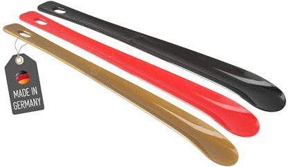 Lantelme 3 Stück Schuhlöffel 35cm Set für Erwachsene Kinder in Deutschland Farben Schwarz Rot Gold | Kunststoff Schuhanzieher stabil | Deutsche Herstellung | Schuhanziehhilfe für Klein und Groß (BRD)