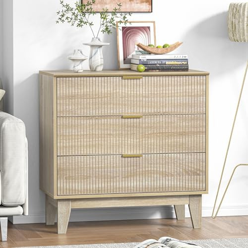 Skokliz Kommode, Sideboard mit 3 Schubladen Moderner Schubladenschrank Komodenschrank in natürlicher Holzoptik,80x40x80.5cm aus MDF und Metall für Schlafzimmer, Wohnzimmer, Flur Möbel