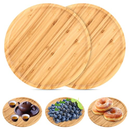 MIVIDE 2 Pcs Plateau de Service en Bambou, Plateau Bois Rond 30 cm, Plateaux Repas en Bois pour Fruits, Aliments, Pots, Plantes, Café, Pain