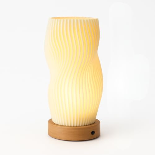 Mini Table Lamp USB Powered, 21.5cm Small Bedside Lamp with Warm Light, Spiral Pleated Shade, Wooden Base, Soft Ambient Lighting for Bedroom, Nightstand, Living Room, Office, Dorm, Kids Room