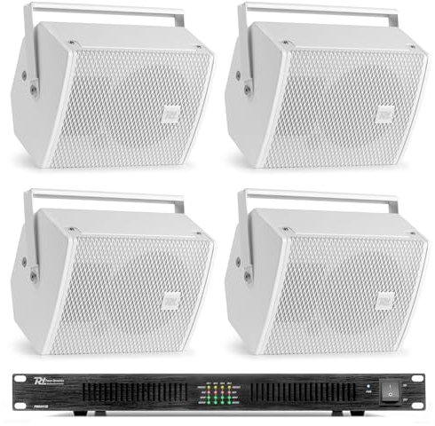 Power Dynamics Pack de 4 Enceintes Blanches avec Amplificateur 100V/8 Ohms et Bobine de Câble - 400 Watts RMS, 4X Enceintes Murales 100 Watts RMS, Un Pack Complet pour Diffuser Une Ambiance Sonore