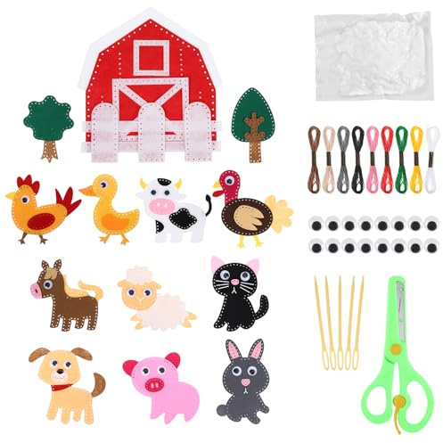 Nähset Kinder 13 Stück Bauernhof Filztiere Kreativ Set für Kinder mit Bunt Nähgarn Set, Bastelzubehör Nähen für Anfänger, Pädagogisches Tierformen Nähen Kit für Jungen Mädchen, Kunst DIY Geschenk