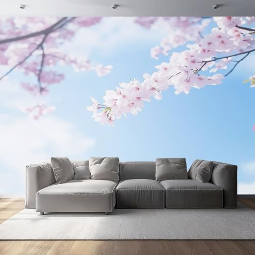 Carta da Parati Tessuto Non Tessuto Colore - Sogno Ciliegio in fiore Cielo Nuvole Stampata - Facile da Applicare - Decorazione da Parete per Soggiorno Camera da Letto Ufficio - 250 x 175 cm