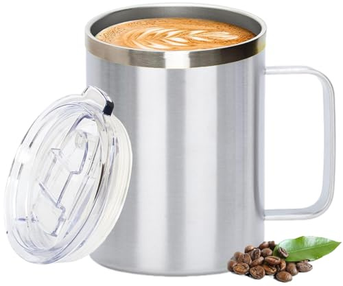 Thermal Mug, Insulated Coffee Mug with Handle and Sliding & Straw Lid, Leakproof Reusable Double Walled Vacuum Stainless Steel Travel Camping Cafe Tumbler Cup,Dishwasher Safe (Silver, 12 oz)
