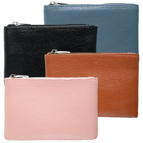 4PCS Portable PU Leather Coin Purse, Mini Wallet with Zipper, Small Coin Pouch for Women and Men, Mini Coin-Pocket Pouch for Cash, Keys, Lipstick, Credit Card and ID Card (Black, Blue, Pink, Brown)