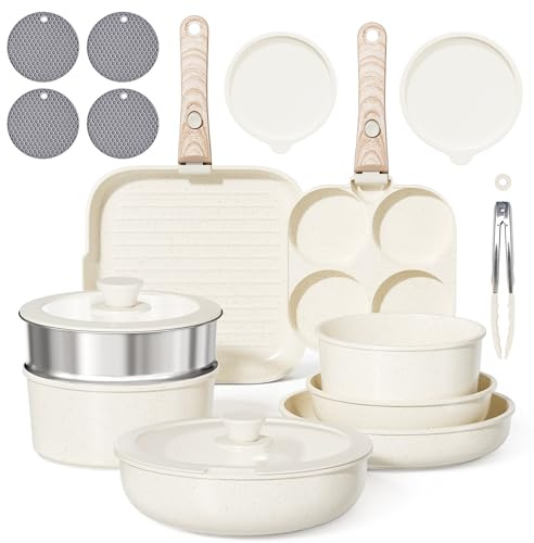 RIOVARM Inducción Baterías de cocina con asas Desmontables, Antiadherente Juego de ollas y sartenes con Tapas, Sartén grill Para todas las estufas Sartén Tortilla Sin PFOA Sartenes para acampar