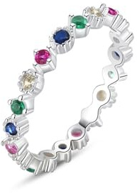 Stfery Stapelring 9 Karat Weißgold Echt Goldschmuck Damen, Zart Ewigkeitsring mit Bunte Steine Au375 Gr.62 (19.7)