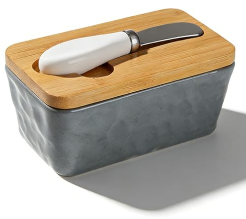 Ceramic Butter Dish, 400ML Metal Butter Dish, Porcelain Butter Container, Ceramic Butter Storage, Butter Keeper with Bamboo Lid and Butter Knife for Butter, Nuts, Cheese (Grey)