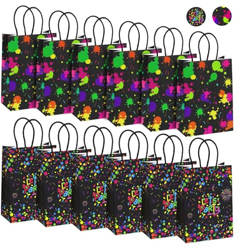 AMFUN 12 Stück Neon Party Geschenktüten Kindergeburtstag, Glow in the Dark Geschenktüten mit Henkel, Papiertüten Klein für Geburtstag, Neon Fasching