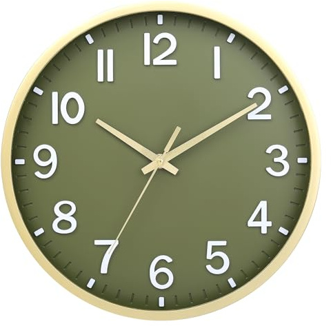 Moiubik Funkuhr Wanduhr 25 cm Geräuschlos Modern Batteriebetrieben | ohne Tickgeräusche für Wohnzimmer Küche Büro Schlafzimmer und Schule als Wanddekoration(Grün Gold)